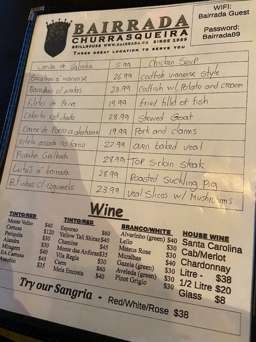 Menu, Bairrada Churrasqueira