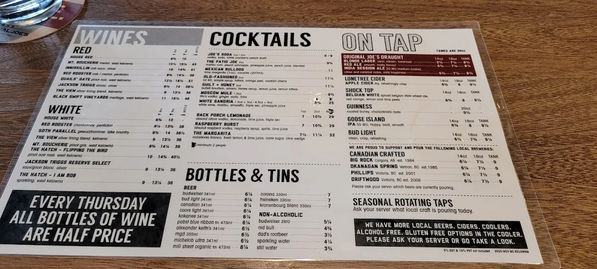Menu, Original Joe's