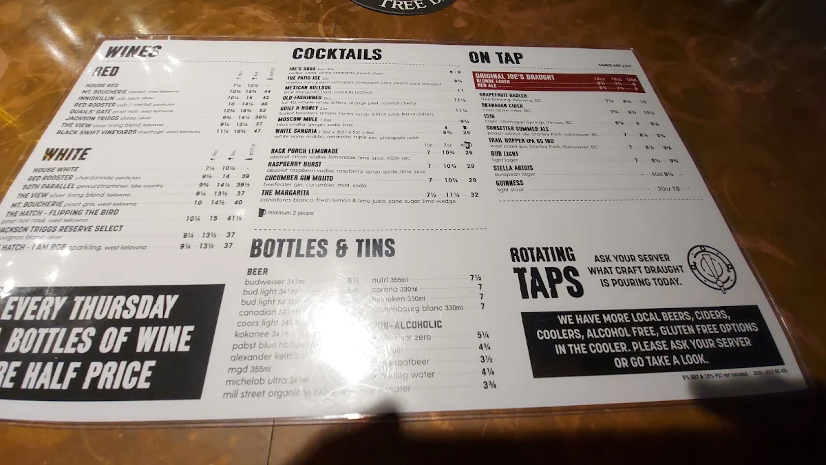 Menu, Original Joe's