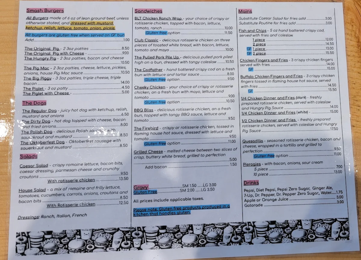 Menu, The Hungry Pig Diner