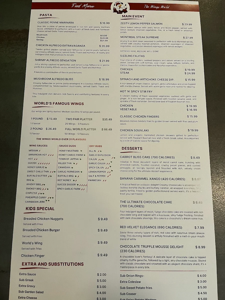 Menu, The Wings World