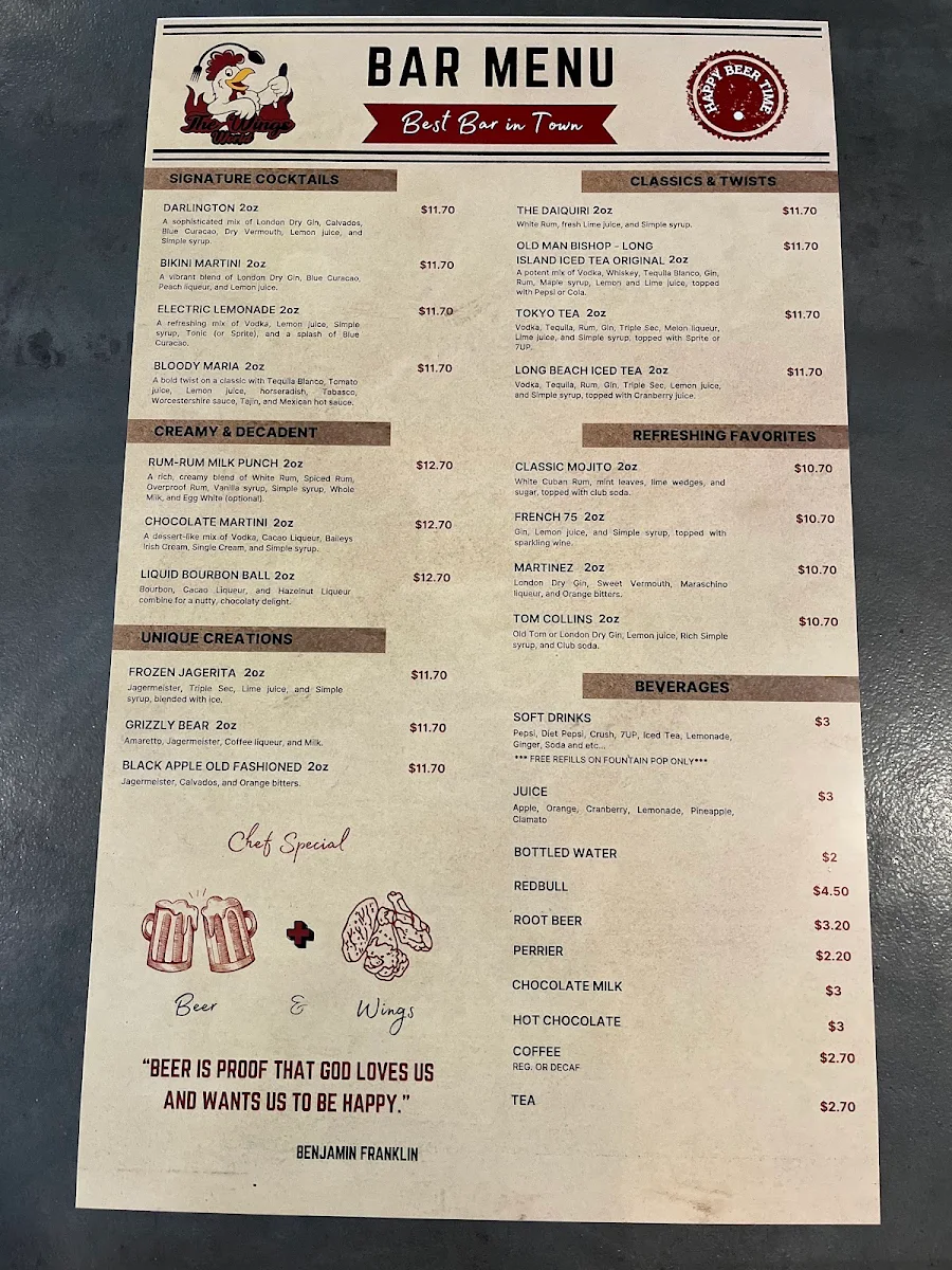 Menu, The Wings World