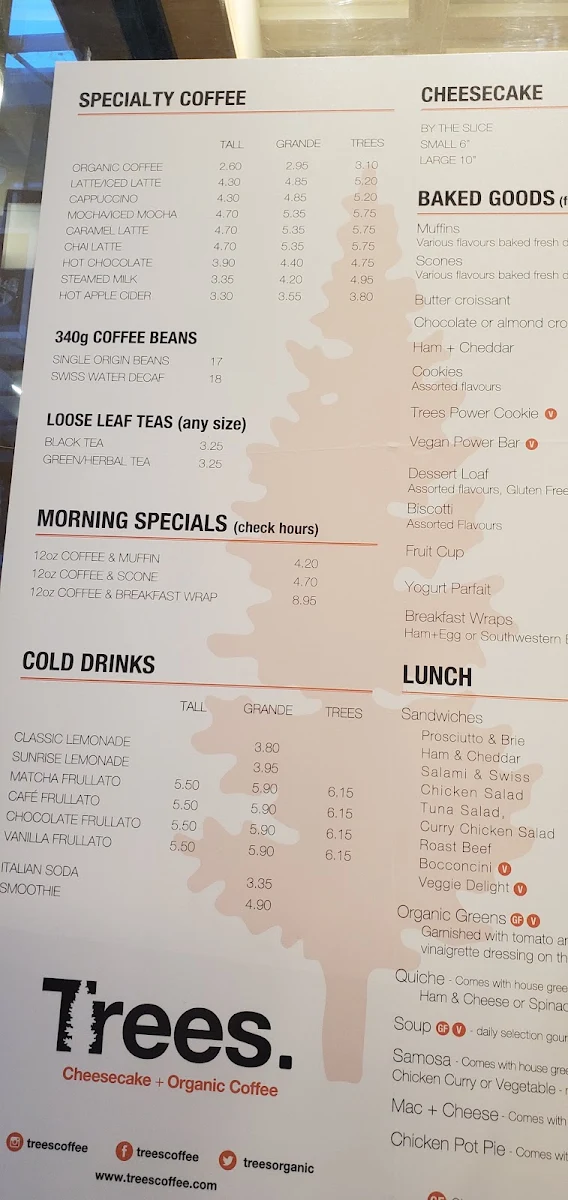 Menu, Trees Organic Coffee 738 Granville