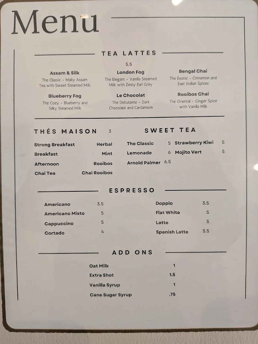 Menu, Marais Tea Co. & Café Marais