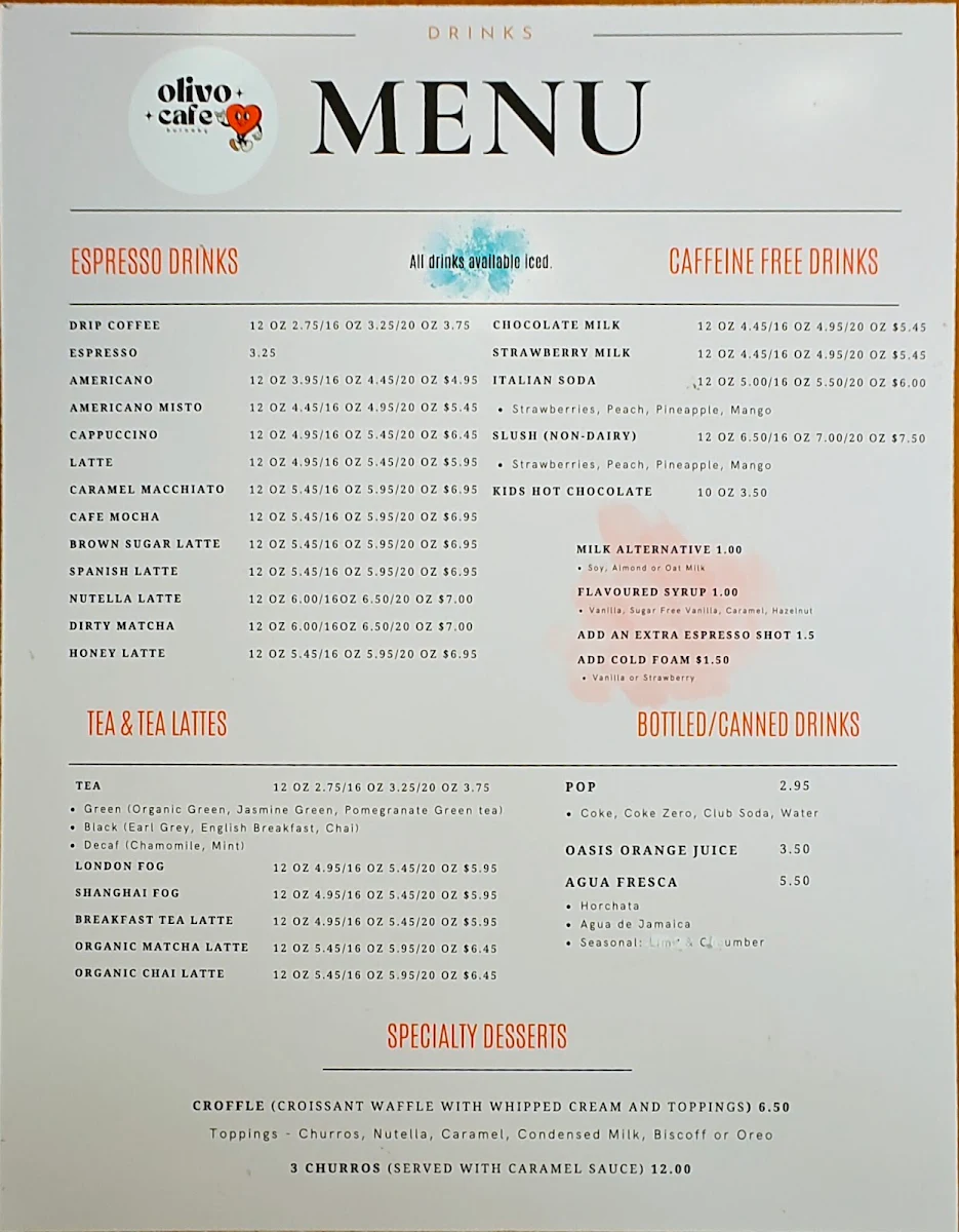 Menu, Olivo Cafe Burnaby