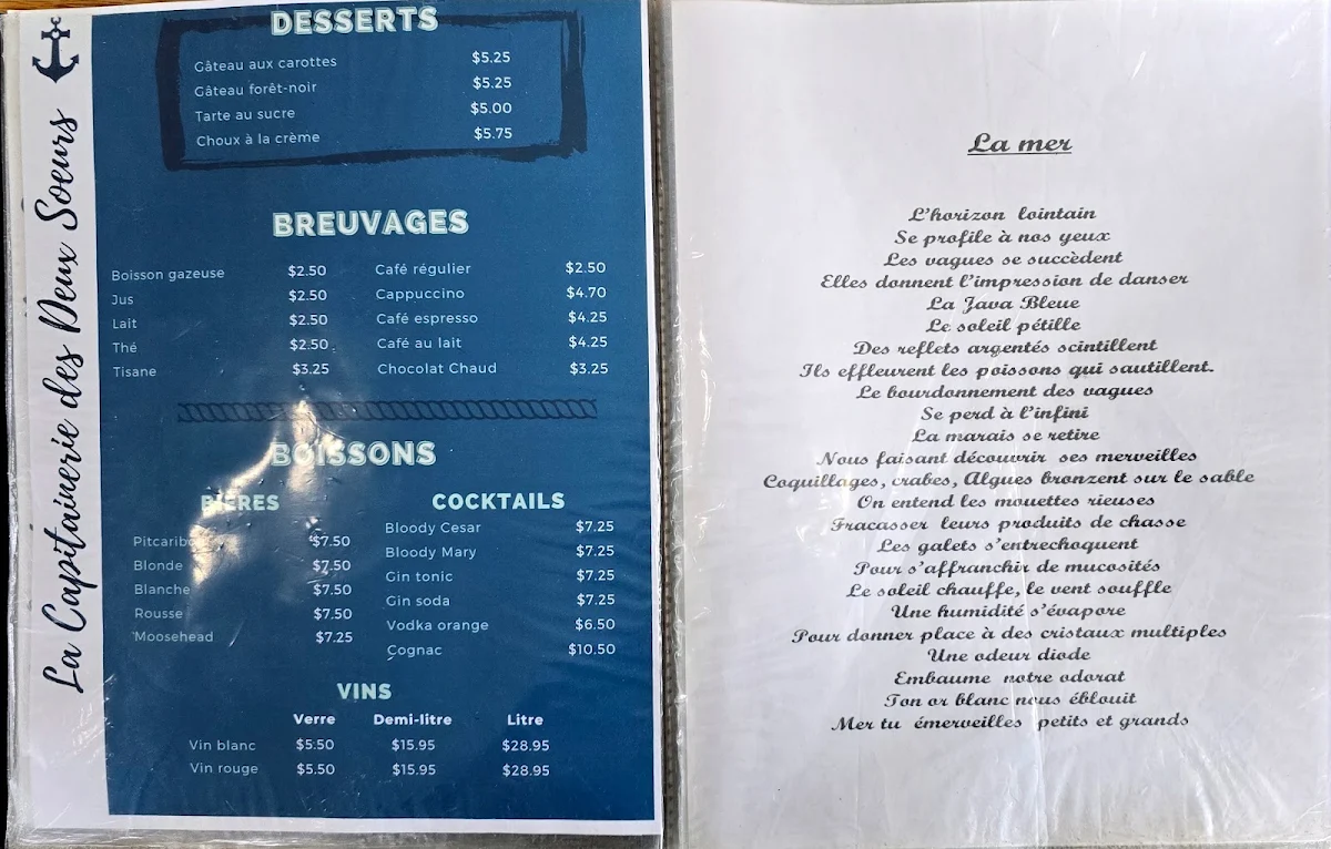Menu, La Capitainerie des 2 sœurs