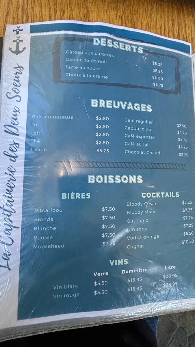 Menu, La Capitainerie des 2 sœurs