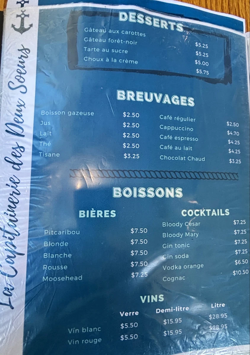 Menu, La Capitainerie des 2 sœurs