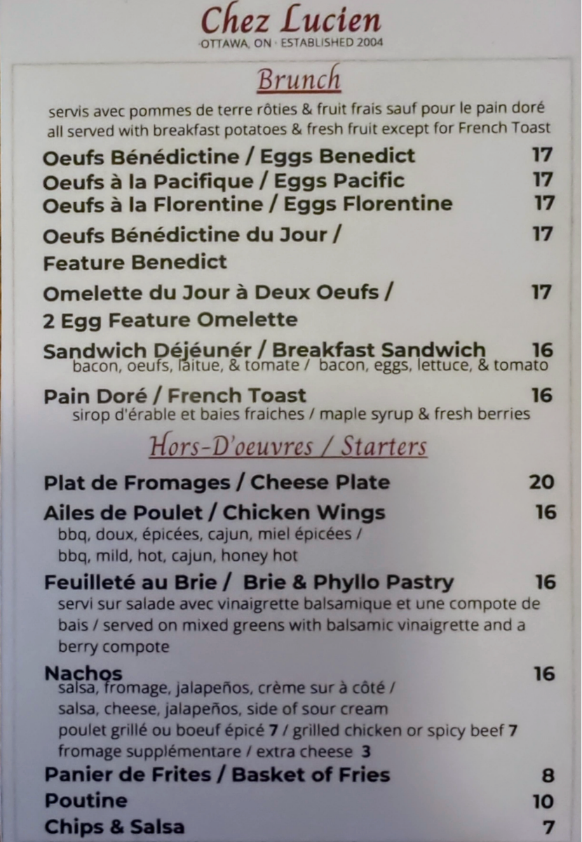 Menu, Chez Lucien