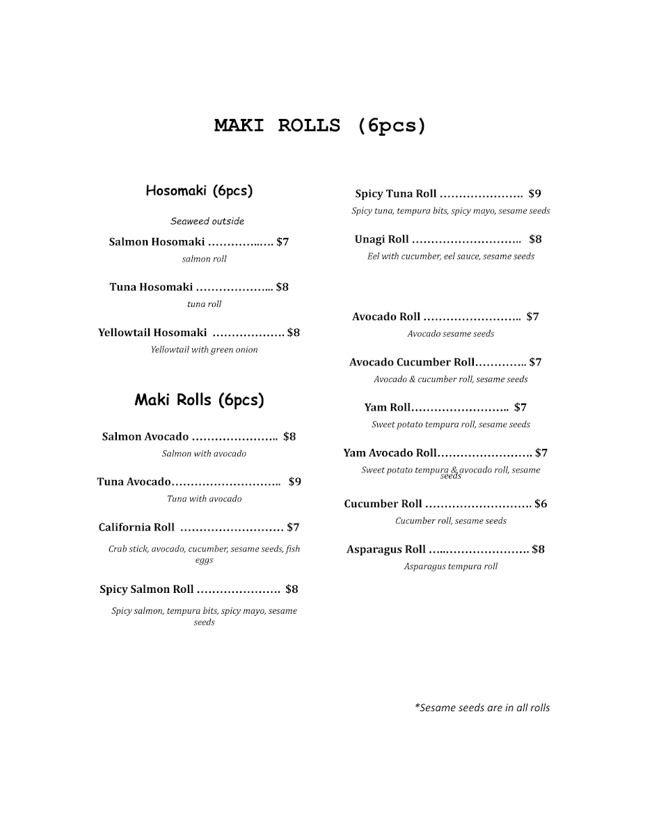 Menu, Haku Izakaya
