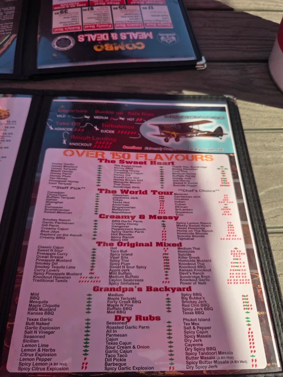 Menu, Winghouse Sundridge