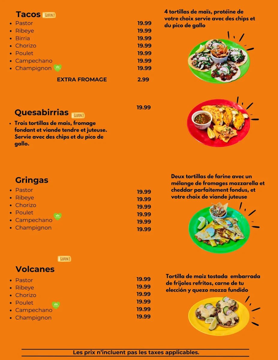 Menu, Tacos et Tortas BALAM