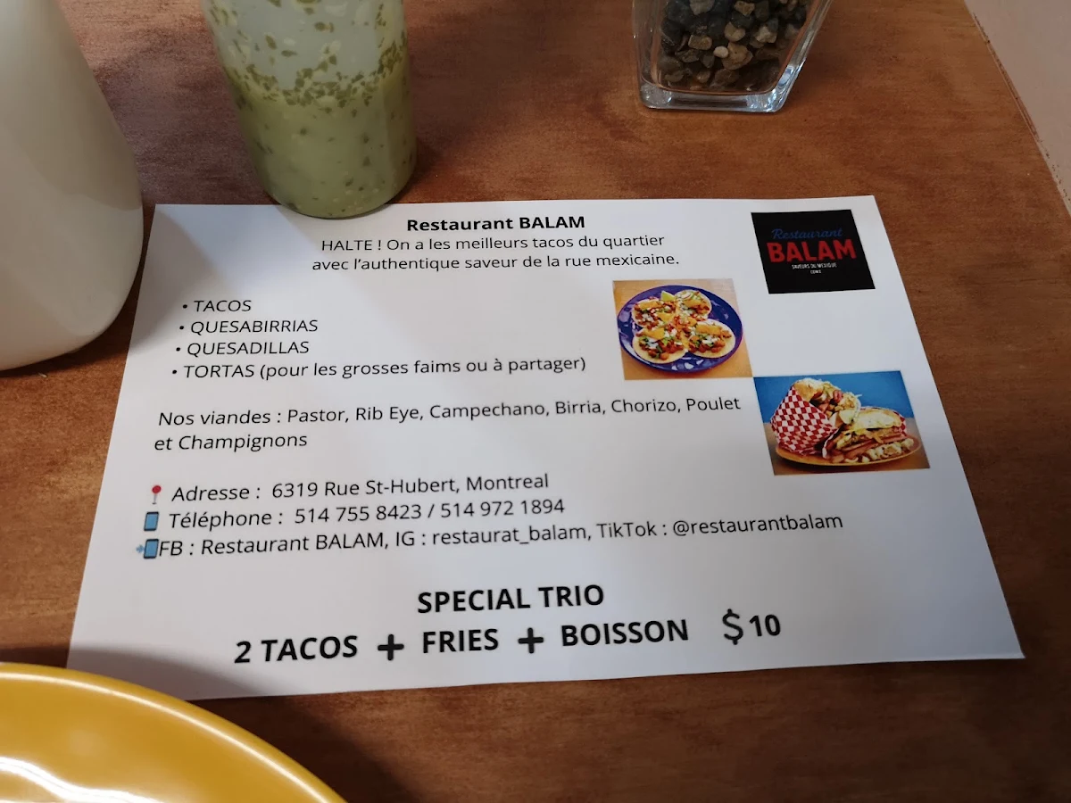 Menu, Tacos et Tortas BALAM