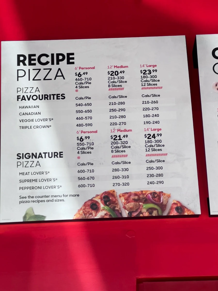 Menu, Pizza Pizza