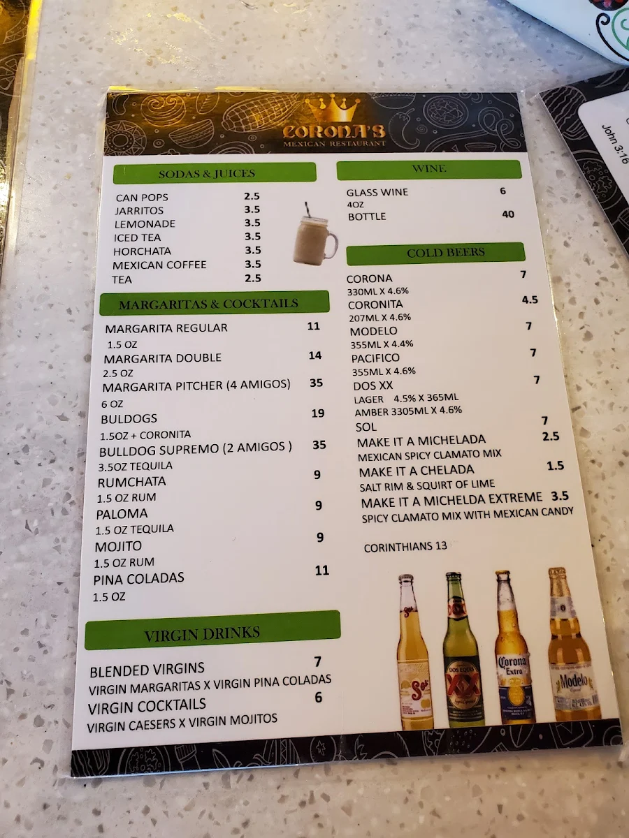 Menu, Corona's Mexican Restaurant Inc