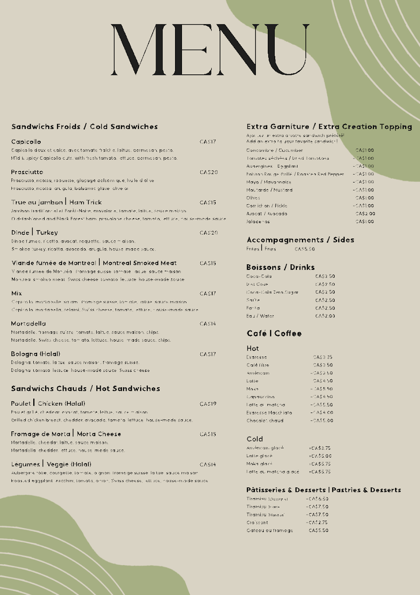 Menu, Nid Café