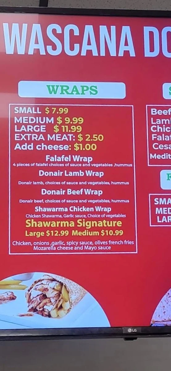 Menu, Wascana Donair & Shawarma