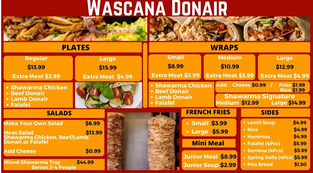 Menu, Wascana Donair & Shawarma