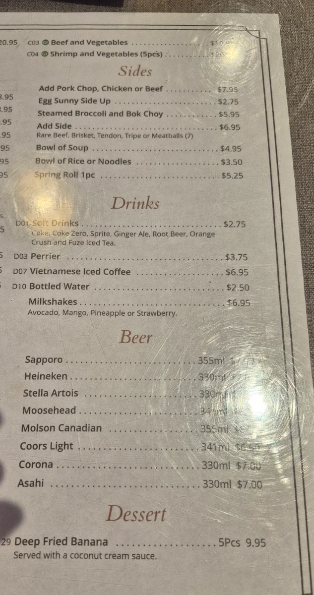 Menu, Pho Saigon
