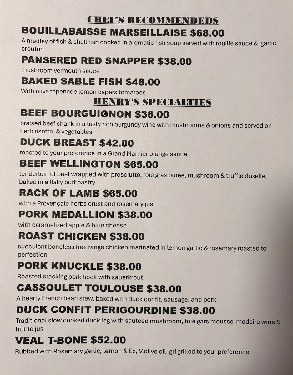 Menu, Henry's Kitchen Pasta & Grill
