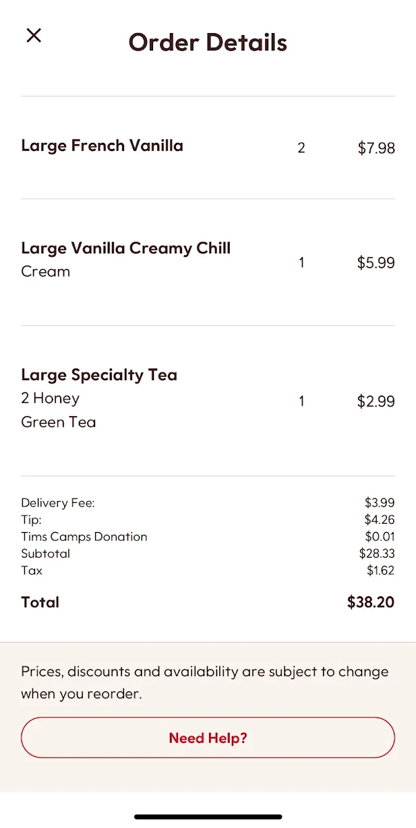 Menu, Tim Hortons