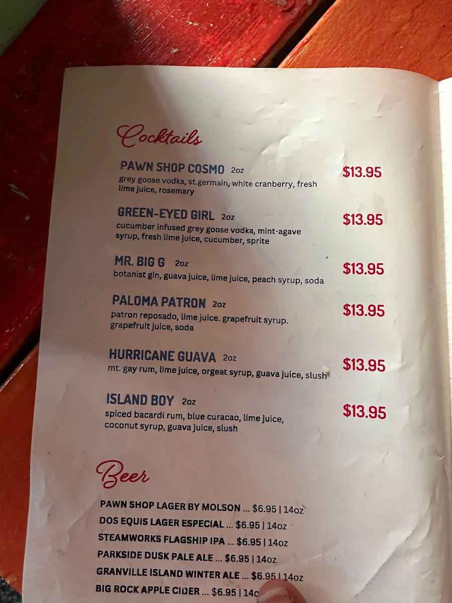 Menu, The Pawn Shop YVR Taco Bar