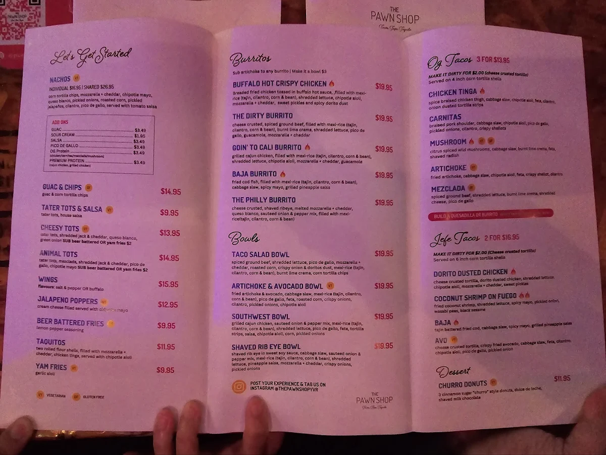 Menu, The Pawn Shop YVR Taco Bar