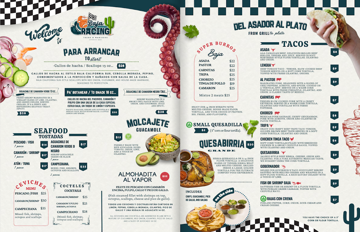 Menu, Baja Racing Sports Bar