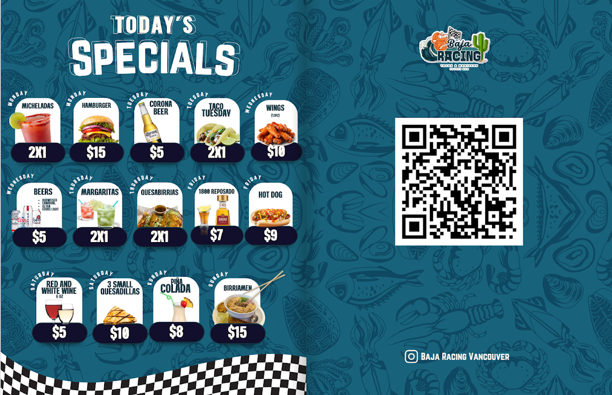 Menu, Baja Racing Sports Bar
