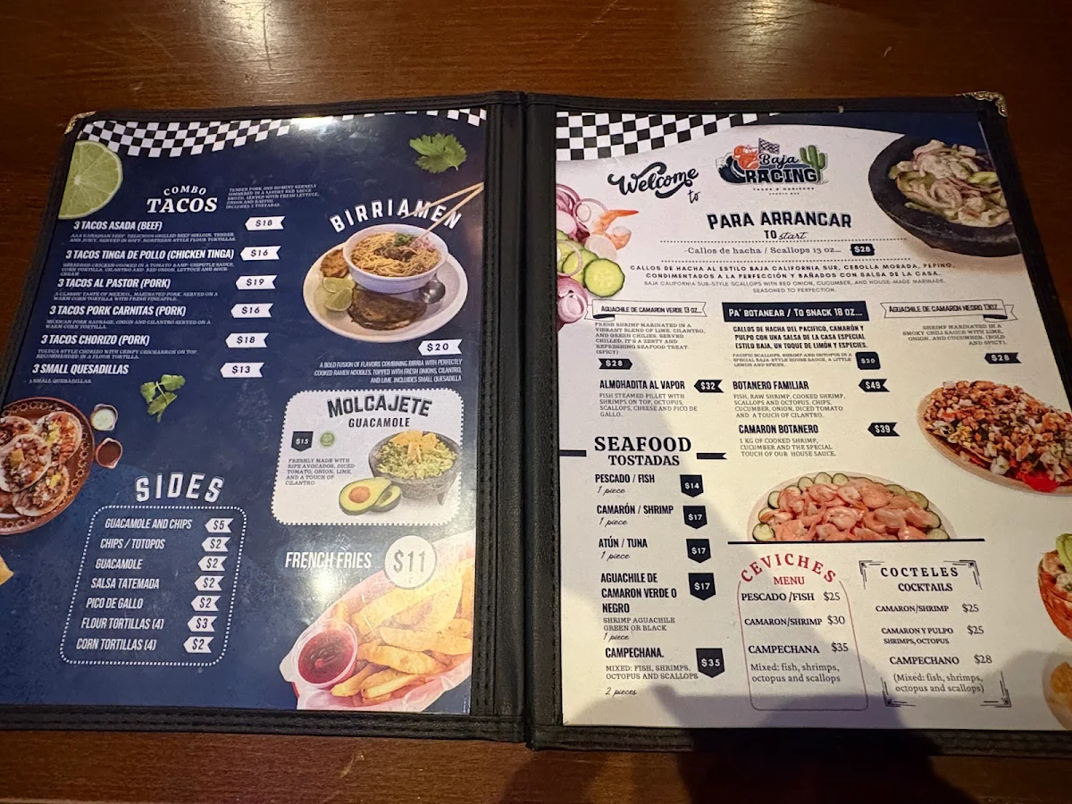 Menu, Baja Racing Sports Bar