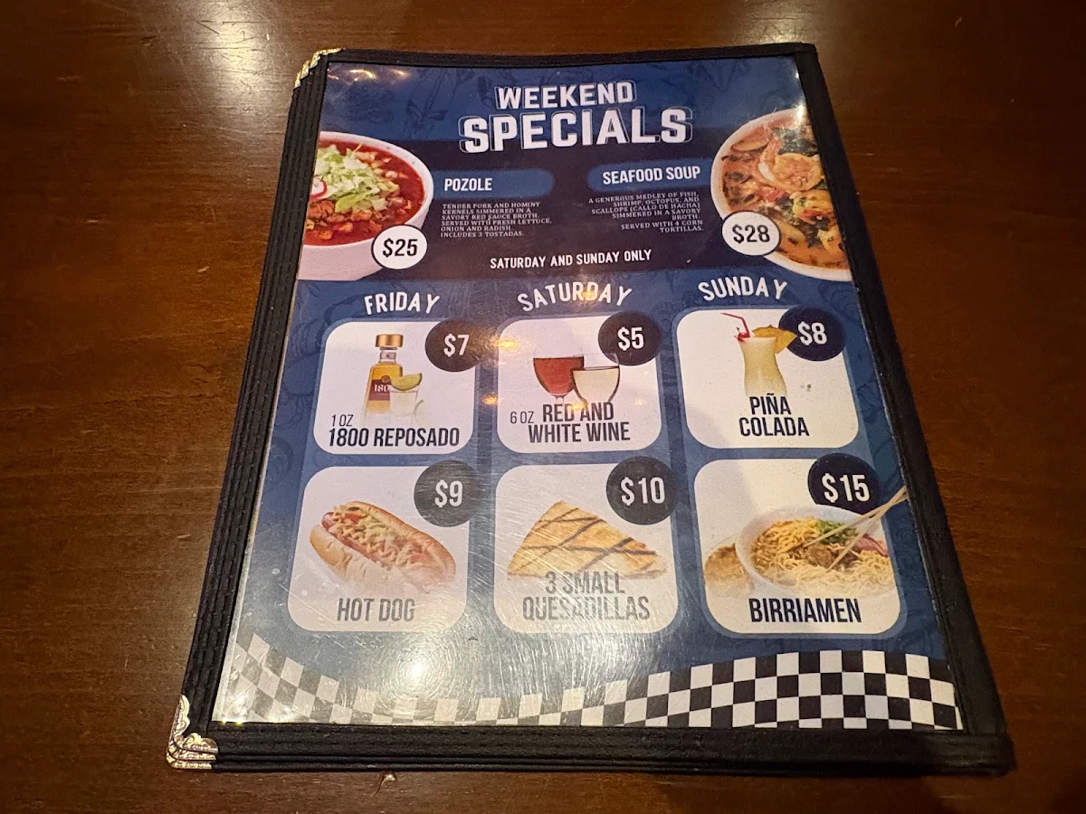 Menu, Baja Racing Sports Bar