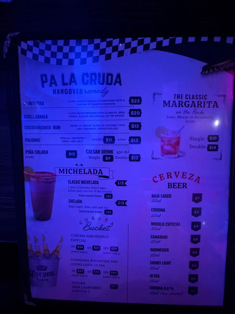 Menu, Baja Racing Sports Bar