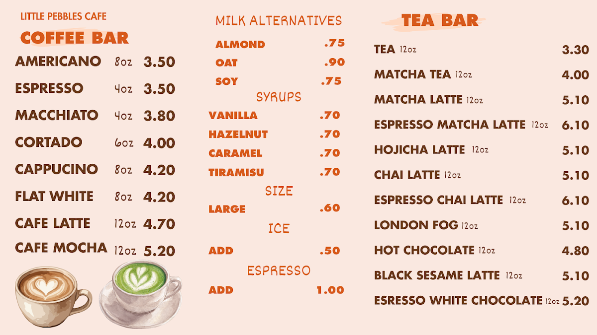 Menu, LITTLE PEBBLES CAFE