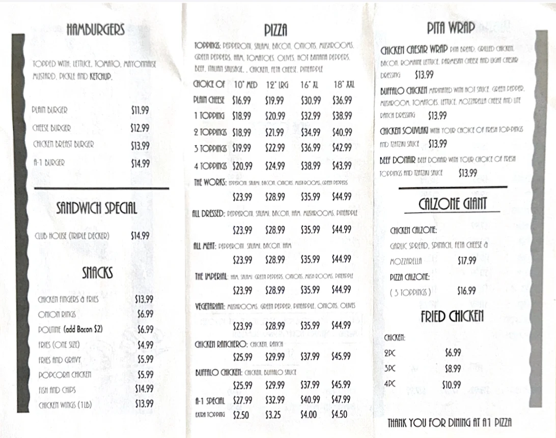Menu, A1 Pizza