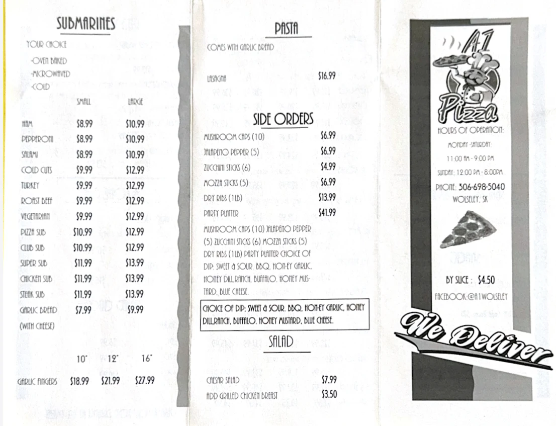 Menu, A1 Pizza