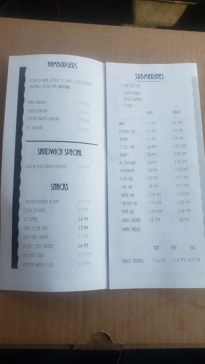 Menu, A1 Pizza