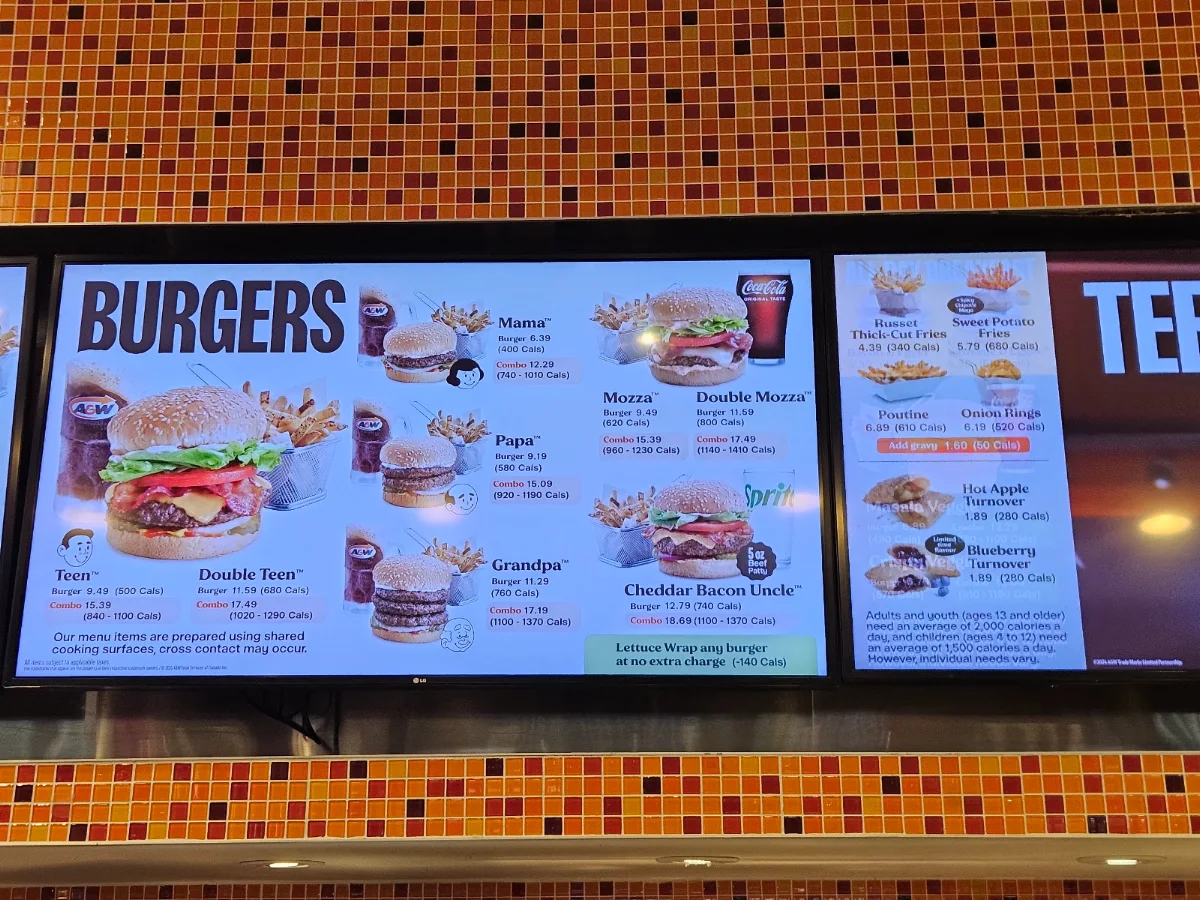 Menu, A&W Canada