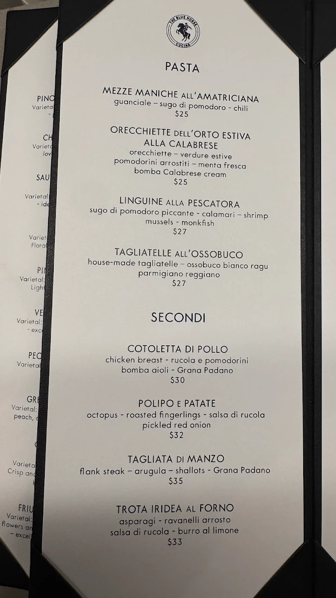 Menu, The Blue Horse Cucina