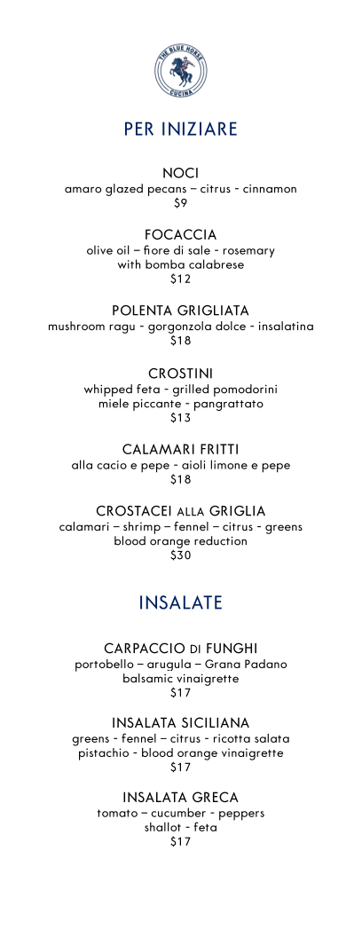 Menu, The Blue Horse Cucina