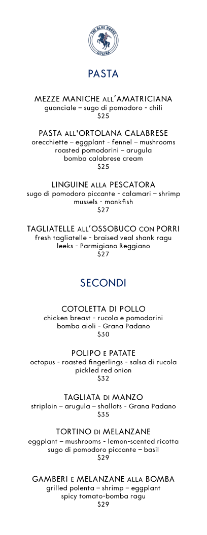 Menu, The Blue Horse Cucina