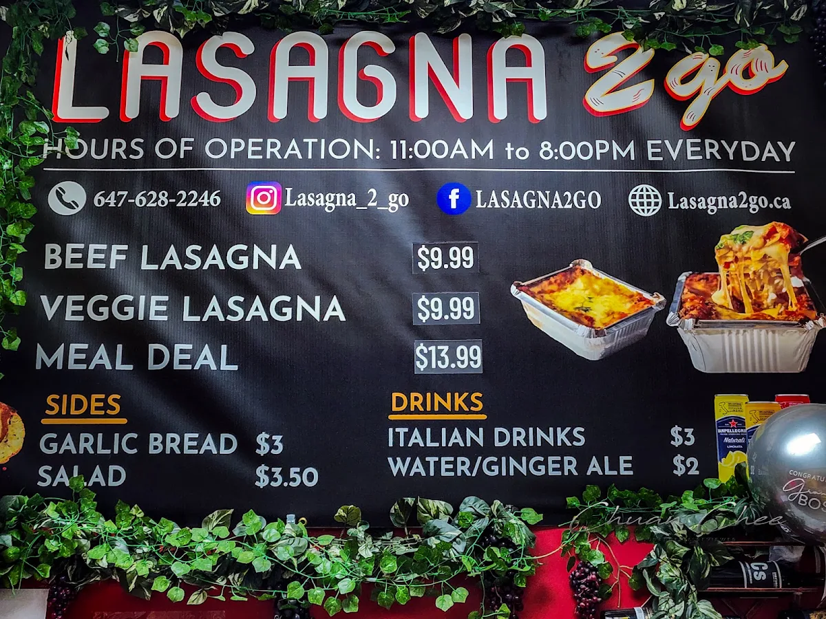 Menu, Lasagna 2 Go (North York)