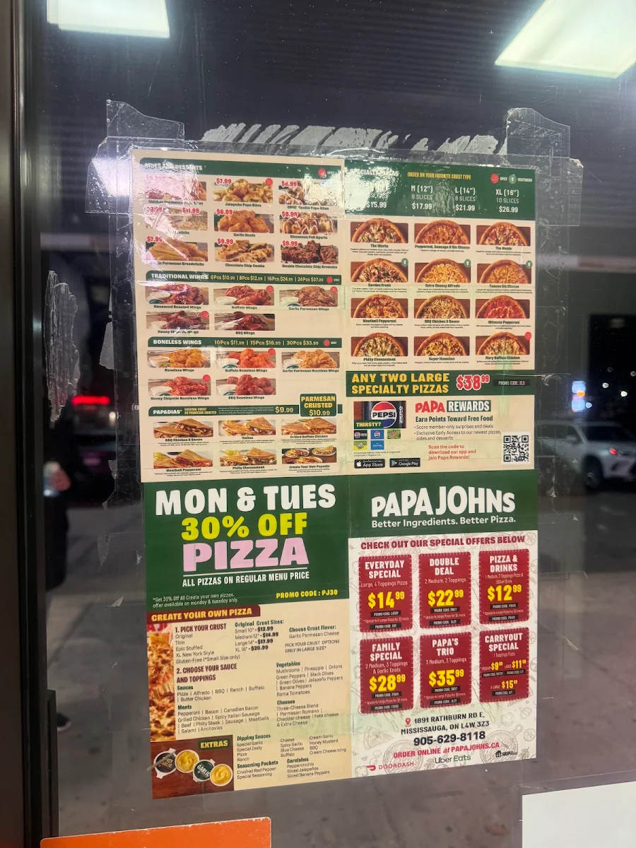 Menu, Papa Johns Pizza