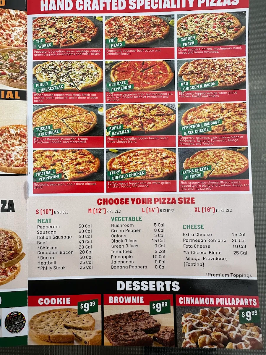 Menu, Papa Johns Pizza