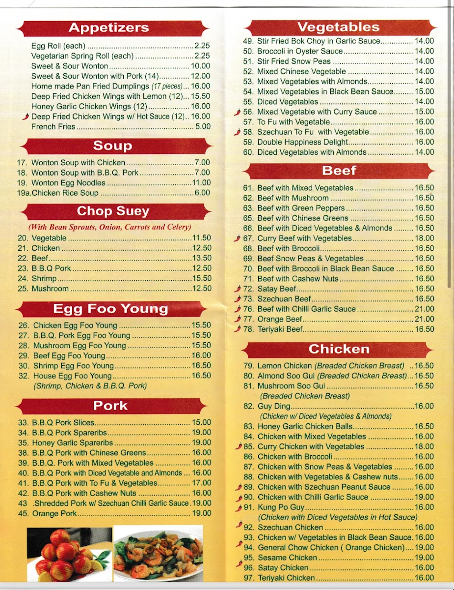 Menu, Double Happiness Chinese Restaurant