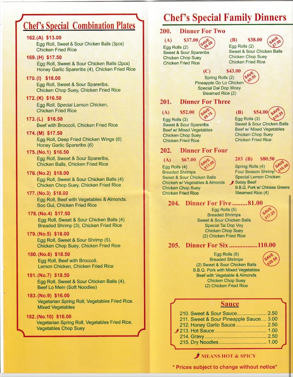 Menu, Double Happiness Chinese Restaurant