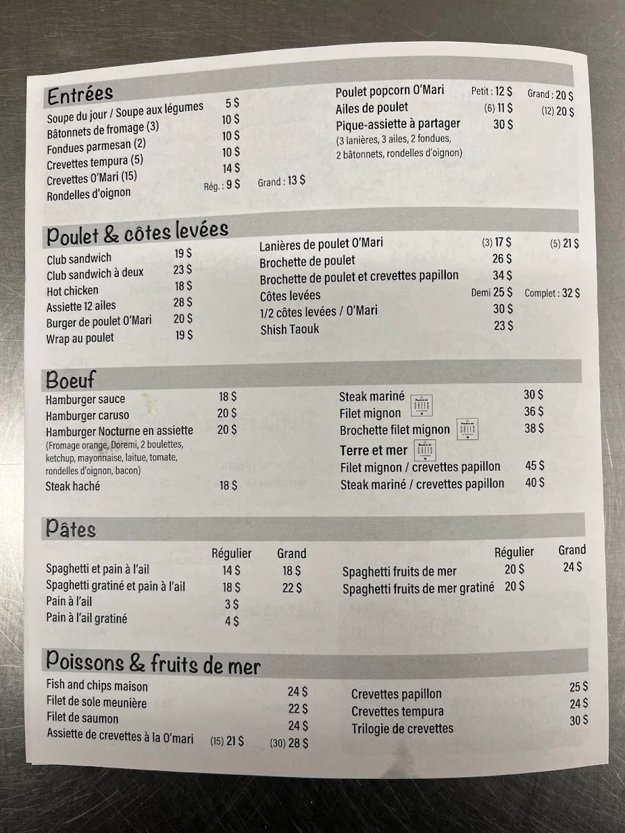 Menu, Restaurant Le Nocturne Enr