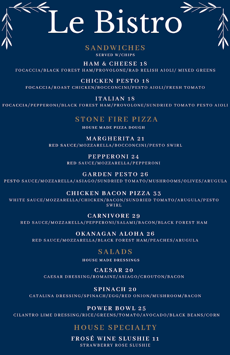 Menu, Le Bistro at Domaine Artema