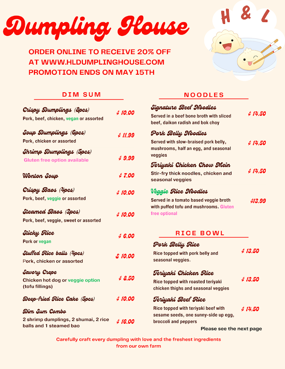 Menu, H & L Dumpling House