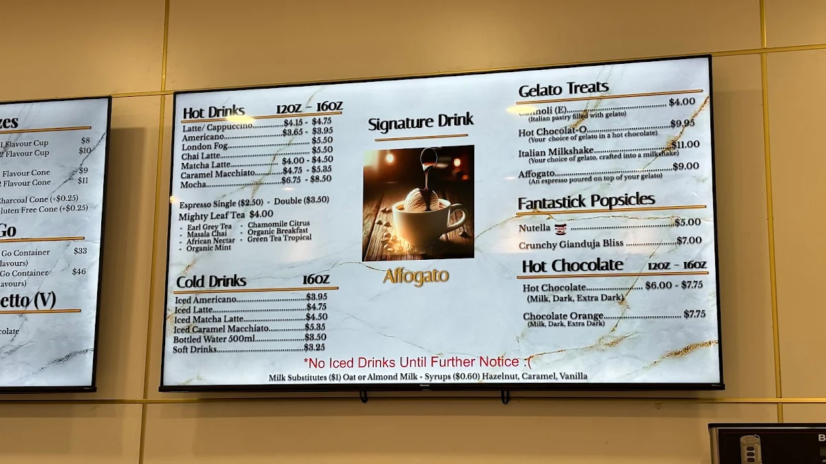 Menu, Bella Gelateria Gelato & Coffee