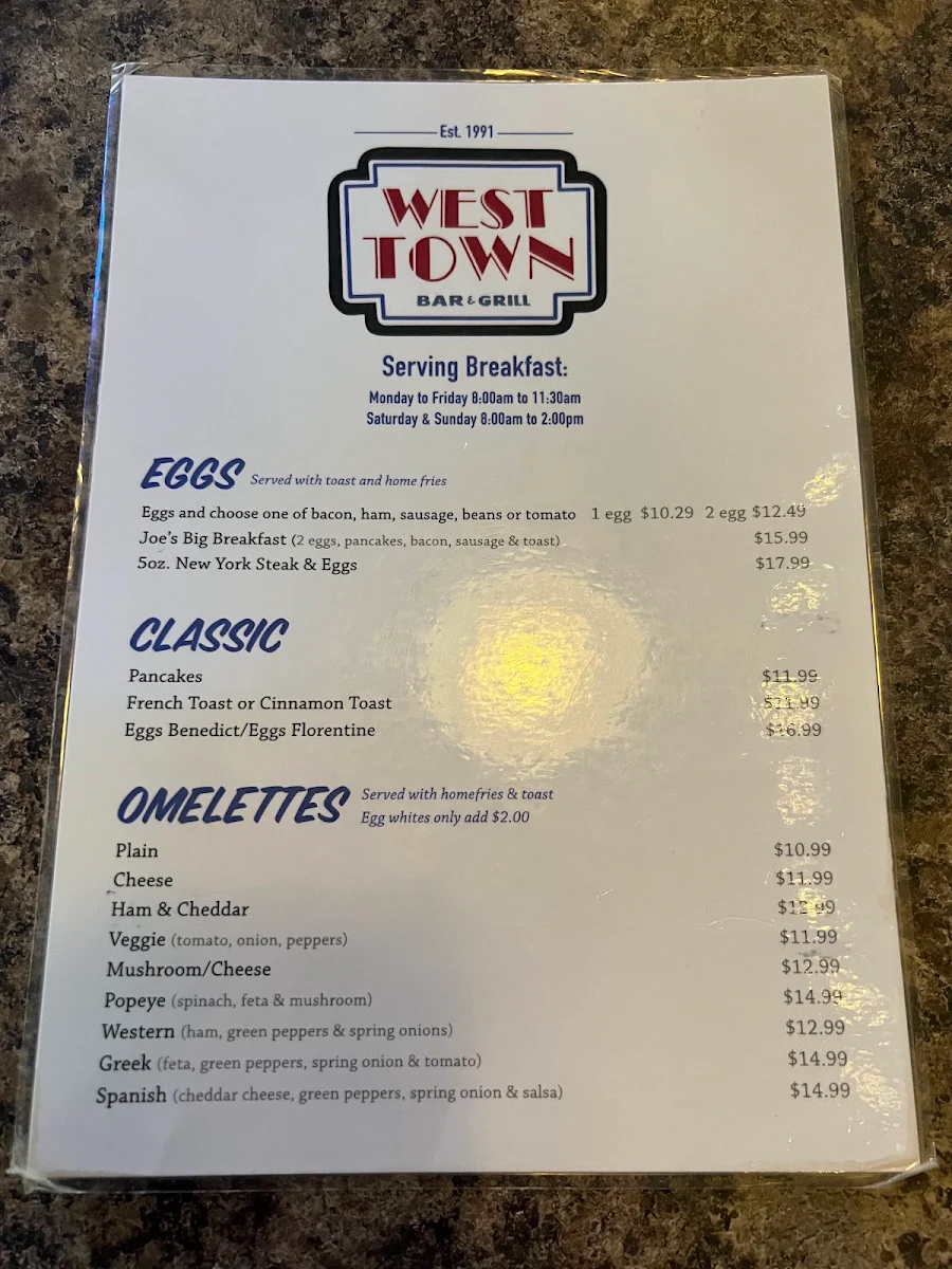 Menu, West Town Bar & Grill